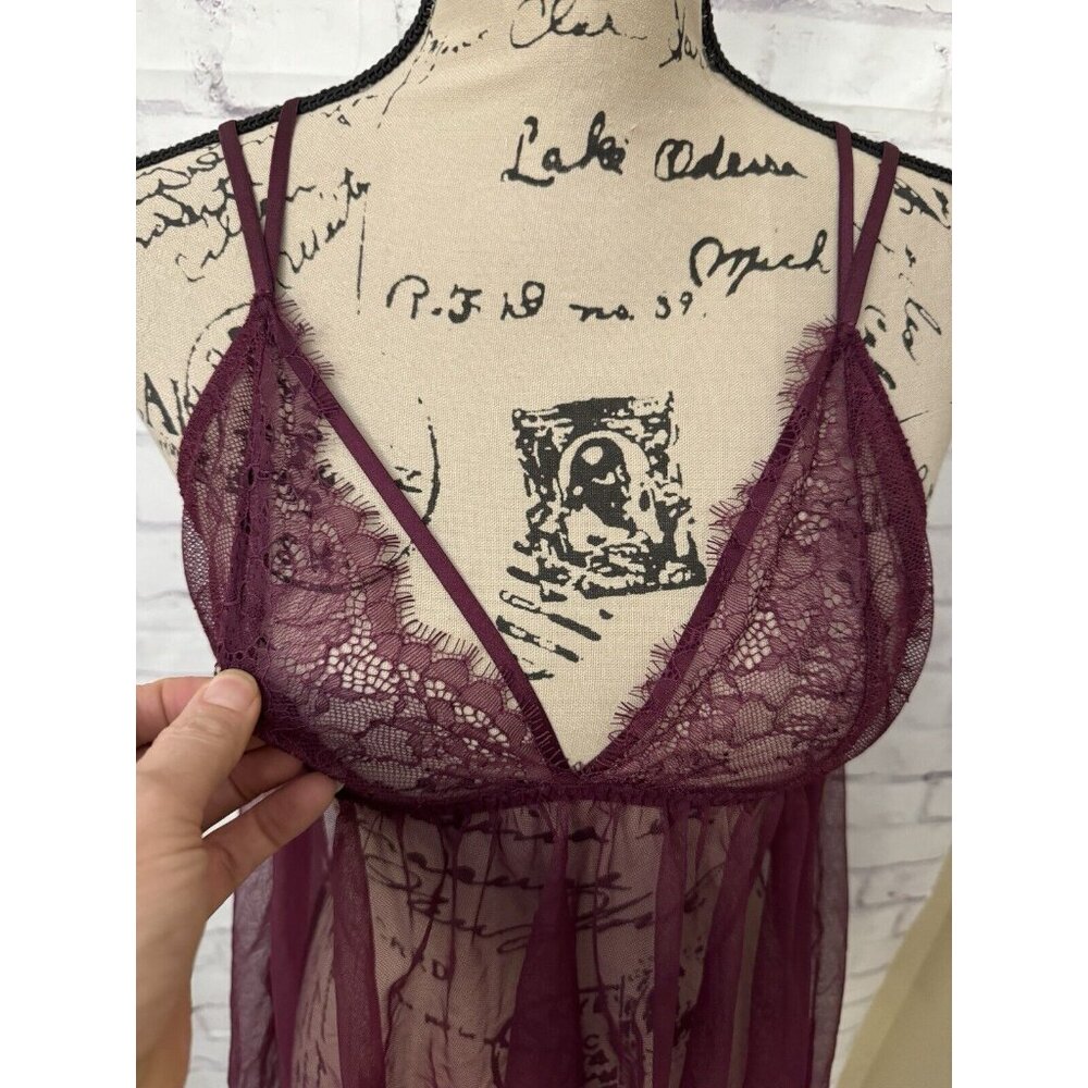Victoria’s Secret Size Large Neglige Teddy Maroon Chiffon Sexy Lace Chemise - Picture 2 of 9